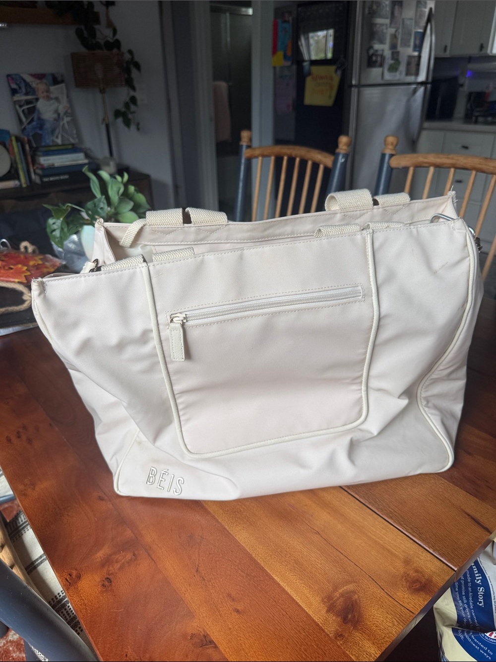 BEIS Cream Canvas Tote with Front Zip Pocket